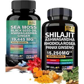 22-in-1 Shilajit and Sea Moss Bundle Herbal Supplement with Ashwagandha, Black Seed, Turmeric, Bladderwrack, Burdock, Antioxidant & Immune Support, 120 Capsules, SHILAJIT + SEA Moss