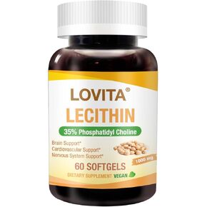 Lovita Lecithin, 1000mg per Softgel, 35% Phosphatidyl Choline | Lactation, Brain & Nerve Support | Vegan, Non-GMO, 60 Softgels