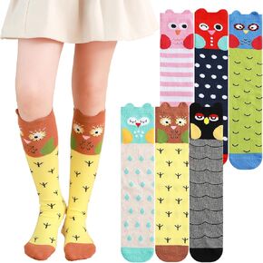 PHOGARY 6 Pairs Girls Knee High Socks, Cute Socks Colorful Cartoon Animal Warm Cotton Socks Crazy Funny Kids Odd Socks Mid Calf Long Boot Socks for 3-12 Years Girls, One Size (Woodpecker)