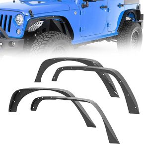 for JK Flat Style Front and Rear Fender Flares 4-Piece Combo Compatible with 2007-2018 Jeep Wrangler JK JKU Unlimited Heavy Duty Steel Off-Road Wheel Fenders Kit, Textured Black (2/4 Doors)