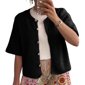 KMBANGI Women Knitted Cropped Blouse Short Sleeve Button Knit Shirt Crop Cardigan Y2k Open Front Knitwear Tops Dressy