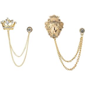 Knighthood Golden Stone Crown & Lion King Brooch Set - Suit Coat Lapel Pins with Hanging Chain for Men & Women | Vintage Gold Accessories for Wedding, Party, Shirt Collar, & Gifts