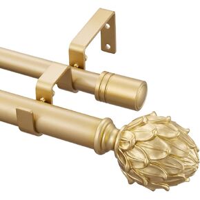 Gold Double Curtain Rod 48 to 84 Inches, 6/8 Inch +1 Inch Telescoping Heavy Duty Drapery Rod with Classic Finials,Window Treatment Curtain Rod Set