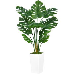 Artificial Monstera Deliciosa Plant 5FT - Faux Tropical Palm Tree with White Tall Planter - Fake Swiss Cheese Floor Plant Potted - Artificial Tree for Home Office Living Room Decor Indoor