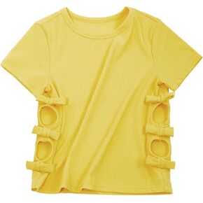 Haloumoning Girls Short Sleeve Shirts Kids Summer Casual Side Bow Knit Tops Tees 5-14 Years