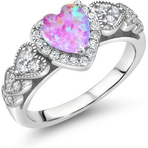 925 Sterling Silver Heart Gemstone Birthstone and White Moissanite Halo Ring for Women | 6MM Heart Shape Center with Pave Accents | Wedding Anniversary Engagement Promise Ring | Sizes 5-9