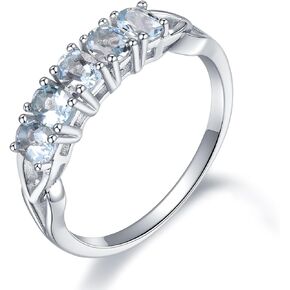 حلقات الوعد للنساء S925 STERLING SILVER 5 حبيبات الشكل البيضاوي قطع الأحجار الكبرى الطبيعية أكاتامارين روديوم مطلية كلاسيكية مجوهرات طيبة بسيطة لها