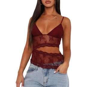 Women's Y2K Lace Cami Tank Top Sexy Mesh See Through Spaghetti Strap Crop Camisole Backless Bustier Going Out Tops