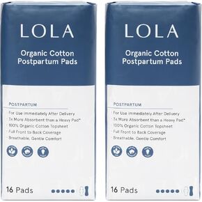 LOLA Organic Cotton Postpartum Pads, 32 Count, Ultra Absorbent and Extra Long Pads, Overnight and Full Coverage, Postpartum Essentials