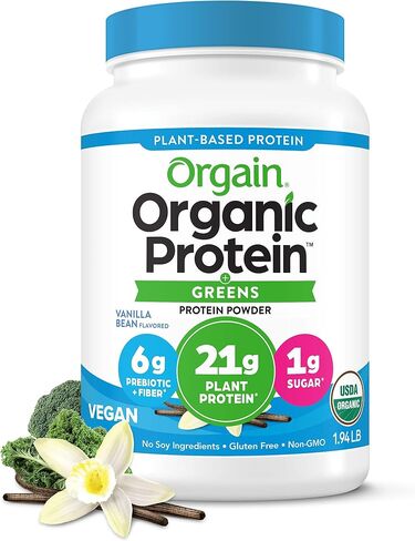 Orgain Organic Vegan Protein Powder + Greens, Vanilla Bean - 21g Plant Based Protein, 6g Prebiotic Fiber for Gut Health, Gluten Free, No Lactose Ingredients, No Sugar Added, Non-GMO - 1.94lb in Saudi Arabia