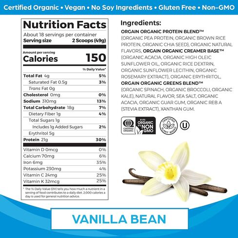 Orgain Organic Vegan Protein Powder + Greens, Vanilla Bean - 21g Plant Based Protein, 6g Prebiotic Fiber for Gut Health, Gluten Free, No Lactose Ingredients, No Sugar Added, Non-GMO - 1.94lb in Saudi Arabia