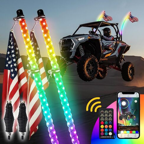 WeiSen 2PCS 3FT RGB Led Whip Light with 360° Spring Base Chasing Light, Offroad Warning Lighted Antenna Whips Compatible with Polaris RZR Ranger General Maverick X3 Talon in Saudi Arabia