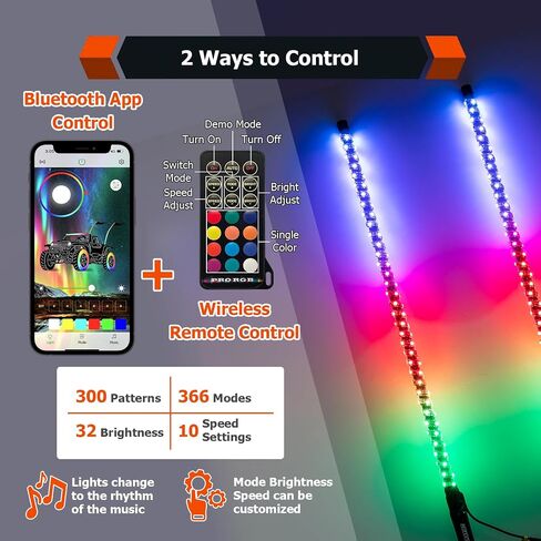 WeiSen 2PCS 3FT RGB Led Whip Light with 360° Spring Base Chasing Light, Offroad Warning Lighted Antenna Whips Compatible with Polaris RZR Ranger General Maverick X3 Talon in Saudi Arabia