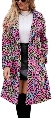 chouyatou Women's Open Front Leopard Print Faux Fur Long Trench Coat Lapel Collar Furry Jacket Coat in Saudi Arabia