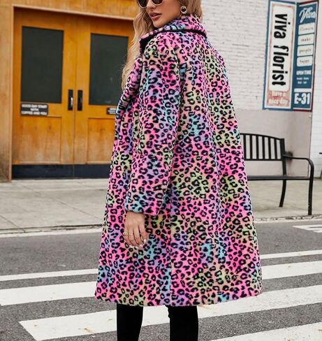 chouyatou Women's Open Front Leopard Print Faux Fur Long Trench Coat Lapel Collar Furry Jacket Coat in Saudi Arabia