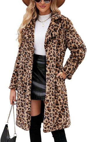 Chouyatou Women's Open Front Leopard Print Faux Fur Fur Long Trench Coat Fabel Twher in Kuwait