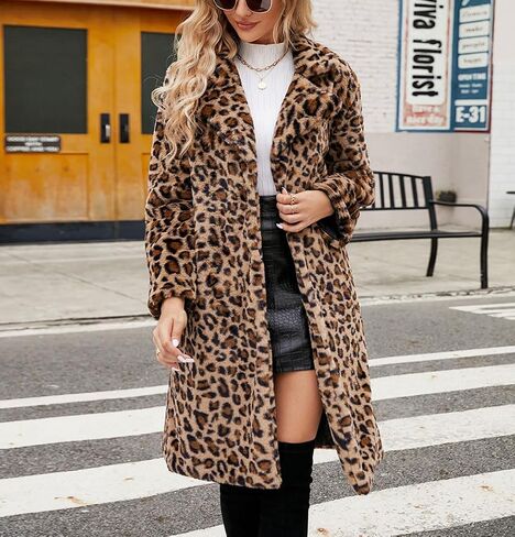 Chouyatou Women's Open Front Leopard Print Faux Fur Fur Long Trench Coat Fabel Twher in Kuwait