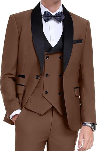 Men's Tuxedo 3 Piece Slim Fit Suit One Button Shawl Lapel Blazer Wedding Prom Jacket Double Breaste Vest Pants in Kuwait