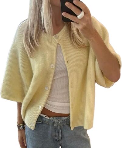 KMBANGI Women Knitted Cropped Blouse Short Sleeve Button Knit Shirt Crop Cardigan Y2k Open Front Knitwear Tops Dressy in Saudi Arabia