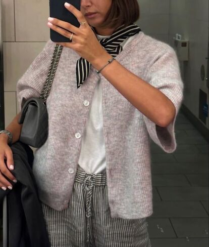 KMBANGI Women Knitted Cropped Blouse Short Sleeve Button Knit Shirt Crop Cardigan Y2k Open Front Knitwear Tops Dressy in Saudi Arabia