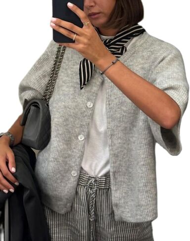 KMBANGI Women Knitted Cropped Blouse Short Sleeve Button Knit Shirt Crop Cardigan Y2k Open Front Knitwear Tops Dressy in Saudi Arabia