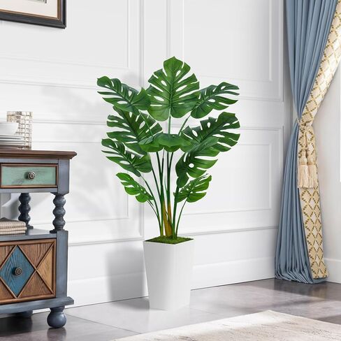 نبات الوحش الاصطناعي Deliciosa 5ft - شجرة النخيل الاستوائية المزيفة مع زارع أبيض طويل القامة - نبات الجبن السويسري المزيف محفوظ بوعاء - شجرة اصطناعية لديكور غرفة المعيشة في المنزل الداخلي in Kuwait