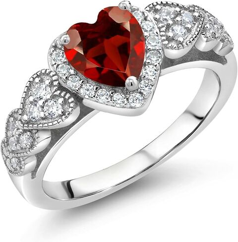 925 Sterling Silver Heart Gemstone Birthstone and White Moissanite Halo Ring for Women | مركز شكل القلب 6 مم مع لهجات دبوس | زواج الذكرى السنوية الوعد خاتم الوعد | الأحجام 5-9 in Kuwait