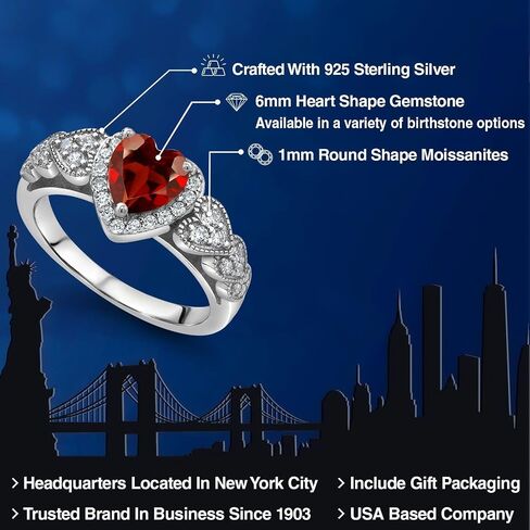 925 Sterling Silver Heart Gemstone Birthstone and White Moissanite Halo Ring for Women | مركز شكل القلب 6 مم مع لهجات دبوس | زواج الذكرى السنوية الوعد خاتم الوعد | الأحجام 5-9 in Kuwait