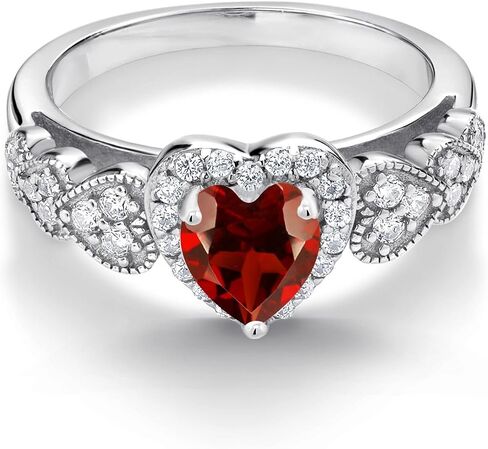 925 Sterling Silver Heart Gemstone Birthstone and White Moissanite Halo Ring for Women | مركز شكل القلب 6 مم مع لهجات دبوس | زواج الذكرى السنوية الوعد خاتم الوعد | الأحجام 5-9 in Kuwait
