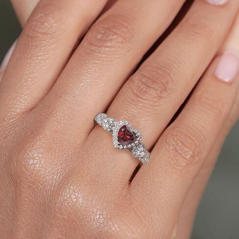 925 Sterling Silver Heart Gemstone Birthstone and White Moissanite Halo Ring for Women | مركز شكل القلب 6 مم مع لهجات دبوس | زواج الذكرى السنوية الوعد خاتم الوعد | الأحجام 5-9 in Kuwait