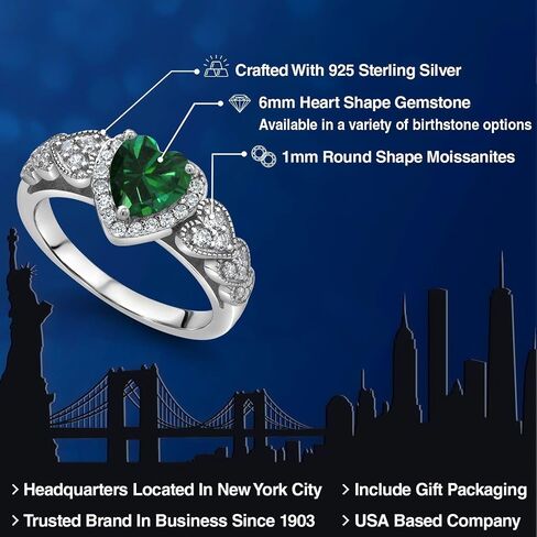 925 Sterling Silver Heart Gemstone Birthstone and White Moissanite Halo Ring for Women | مركز شكل القلب 6 مم مع لهجات دبوس | زواج الذكرى السنوية الوعد خاتم الوعد | الأحجام 5-9 in Kuwait