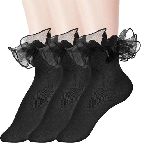 3 Pairs Girls Ruffle Socks, Ruffle Socks Woman, Girls Dress Socks Bulky Princess Dress Socks, Cute Cotton Socks in Saudi Arabia