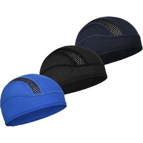 MELASA 3 Pack Cooling Skull Cap, Sweat Motorcycle Helmet Liner Head Cover, Mesh Cycling Running Hat for Men Women