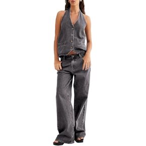 Fisoew Women's Two Piece Denim Set Button Down Backless Tank Top and Wide Leg Jeans 2 Piece Outfit Suits