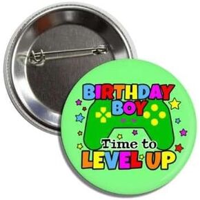 Birthday Boy Level Up Gaming Button Pin, 2.25 Inches, Green Video Game Controller Design Birthday Badge
