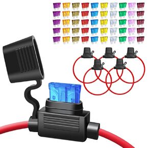 5pack Inline Fuse Holder 12V with 50pcs Automotive Fuses (3A, 5A, 7.5A, 10A, 15A, 20A, 25A, 30A, 35A, 40A), Upgraded 12 AWG Waterproof Fuse Holders, for 12V Automotive & Marine Circuit Protection