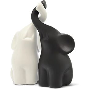 OwMell Set of 2 Loving Elephant Statue Figurine, 6" Elephant Ring Holder, Gifts for Couples Home Lucky Decor - Grey