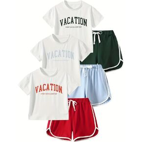Girls 6 Pieces Summer Outfits Casual Short Sleeve Tee Tops and Dolphin Shorts Set 4-12Y