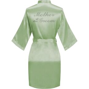 Women's Short Satin Robes One Size Silver Rhinestones Bride Bridesmaid for Wedding Party Getting Ready Bathrobe