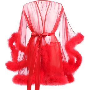 Robes For Women Tulle Robe with Faux Fur Trim, Sexy,Soft and Comfortable,Perfect for Spa Nights and Maternity Photoshoot