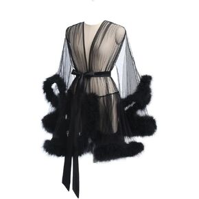 Robes For Women Tulle Robe with Faux Fur Trim, Sexy,Soft and Comfortable,Perfect for Spa Nights and Maternity Photoshoot in Kuwait