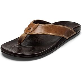 OLUKAI Hikianalia Men's Leather Sandal, Full-Grain Leather, Non-Marking Rubber Traction Pads & Compression Molded Footbed
