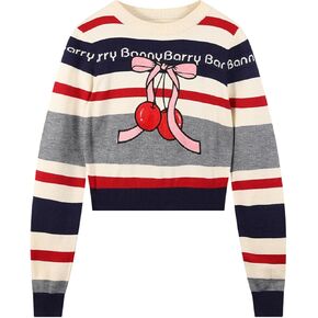 Girls Cherry Print Sweaters Fashion Long Sleeve Crewneck Knitted Striped Pullover Sweater for Kid Jumper Top size6-16years