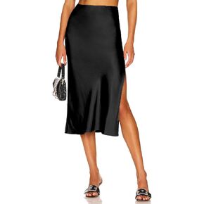 Women Satin Skirt Elastic Waistband Slit A Line Work Office Casual Midi Skirts in Kuwait