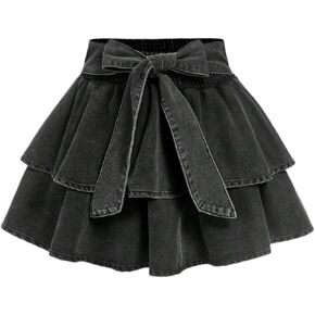 Women's Plus Size Denim Mini Skirt Y2k Bow Tie Knot Ruffle Tiered Short Jean Skirts