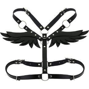 PU Leather Waist Body Harness Black Punk Gothic Wings Waist Belt Body Chain Halter Bra Rave Top Halloween Costume for Women