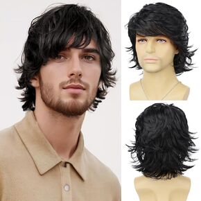 Mens Brown Wig Short Layered Natural Wavy Heat Resistant Synthetic Hair Wigs Male Guy Daily Party Halloween Costume Cosplay Wigs (Dark Brown)