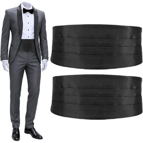 2-Pack Men's Cumberbund Black for Tuxedo Belt Accessories Satin Cummerbund for Weddings Prom and Formal Events