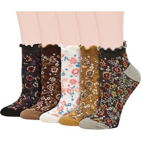 Violet Mist Cute Ankle Socks Kawaii Embroidered Floral Short Casual Cotton Socks Vintage Patterned 5 Pairs for Girls Women