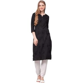 JG JAI GOVINDAM Indian Hand Embroidered Kurti for Women Chikankari Straight Cotton Long Kurti's Tunic Kurta Dreses for Women